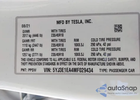 2021 Tesla Model 3 Standard Range Plus Rear-Wheel Drive from USA, damaged, VIN 5YJ3E1EA4MF029434